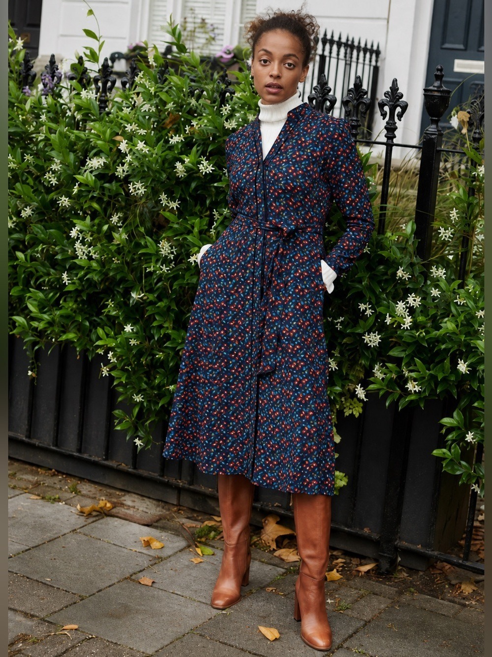 Boden Pippa Midi Shirt Dress Leaf Print Long Sleeve Tie Waist US 8 Academia